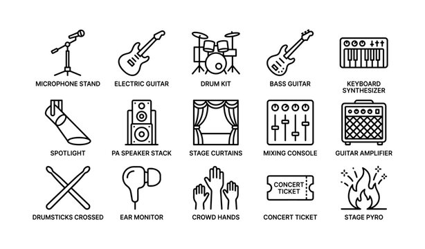 Musical instruments and stage equipment icons set: guitars, drums, amplifier, microphone