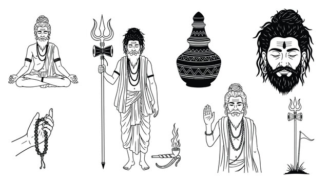 Indian sadhu ascetic monk line art set with meditation poses and religious objects.