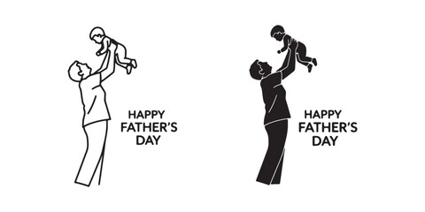 Fototapeta premium Black and white illustrations of fathers holding babies on fathers day