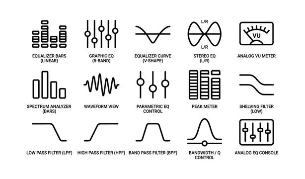 Audio icon set: equalizers, filters, meters, and controls