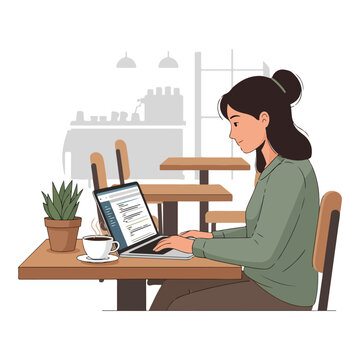 Illustration of woman at cafe, coding on a laptop, drinks & plant present