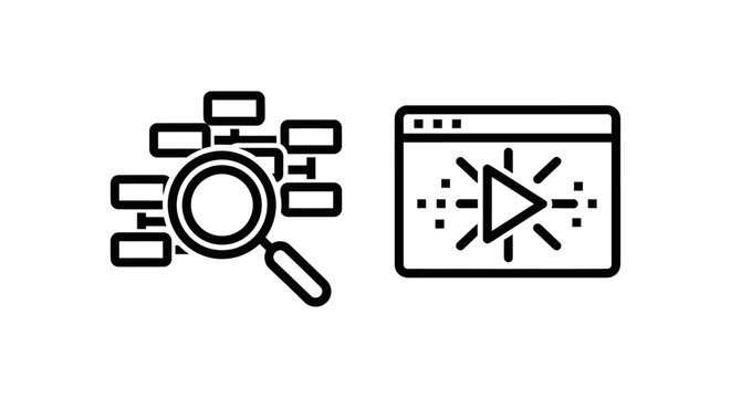 Digital network analysis icon with magnifying glass and packet capture player for data monitoring and security