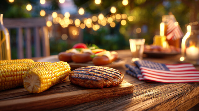 A table with food: burgers, corn, sausages. Flags with the American flag are visible. The table is decorated with garlands. July 4th.