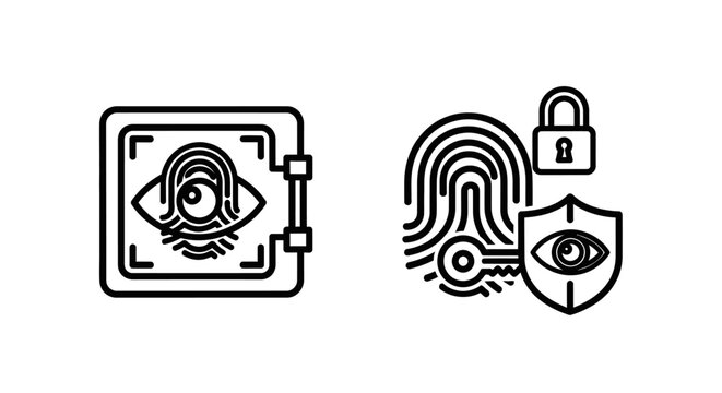 Biometric security icons: eye scan safe and fingerprint with lock, shield, and key for data protection