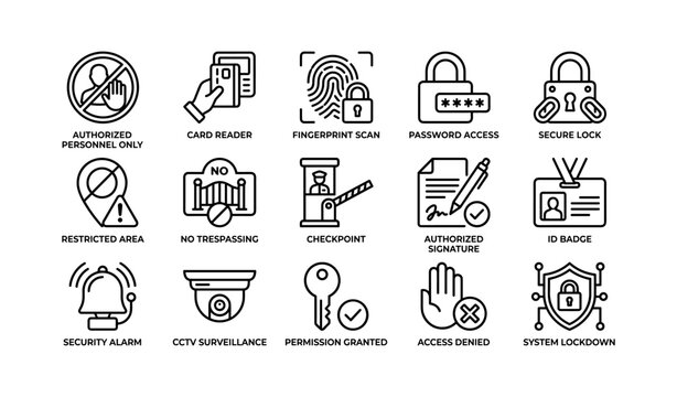 Security icons collection featuring locks, access control, alarms, and surveillance symbols