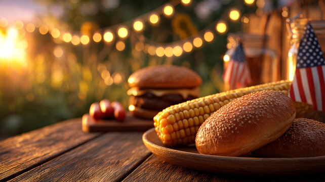 A table with food: burgers, corn, sausages. Flags with the American flag are visible. The table is decorated with garlands. July 4th.