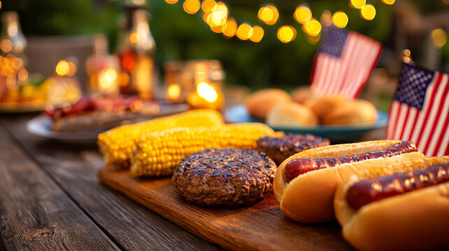 A table with food: burgers, corn, sausages. Flags with the American flag are visible. The table is decorated with garlands. July 4th.