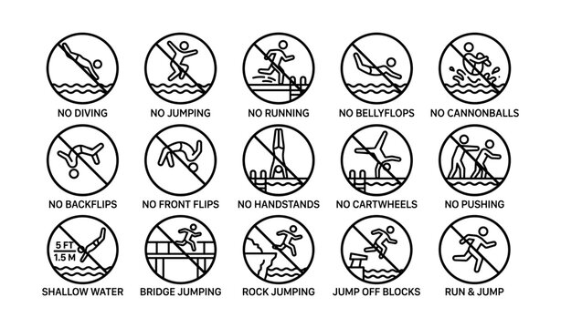 Swimming pool safety icons: no diving, jumping, running, bellyflips, cannonballs, backflips, front flips, handstands