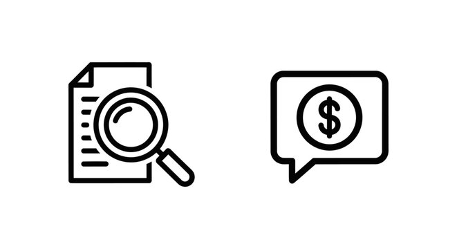 Seo writing and copy optimization icons for digital marketing strategy and content creation analytics with magnifying glass and dollar symbol