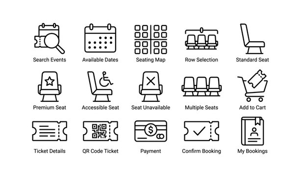 Event ticketing icons: search, seating, cart, and booking icons