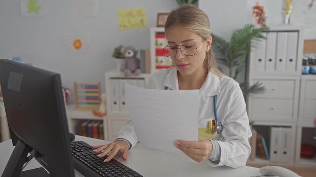 Woman doctor reading paperwork and typing with hand on keyboard at desk, reviewing medical records on computer in building; focused care.