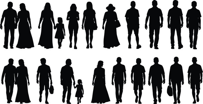 Silhouettes of diverse people walking in pairs and groups, including adults and children, symbolizing companionship, family bonding, social connection, and everyday lifestyle representation.