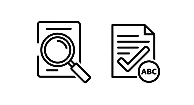Document search magnifying glass and spell check abc with checkmark black line art icons for quality control and proofreading