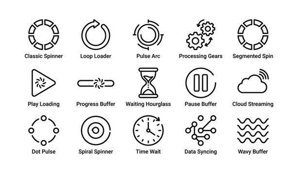 Animated loading icons set featuring spinners, buffers, hourglass, and syncing symbols