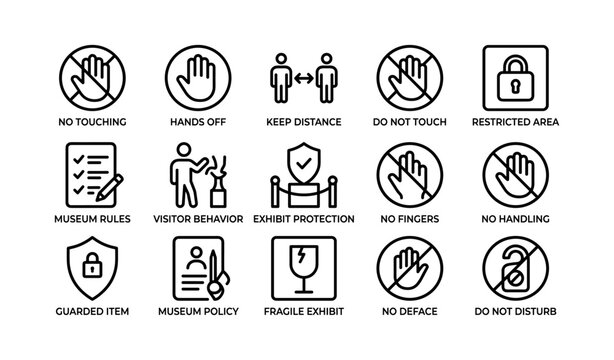 Museum etiquette icons: no touching, keep distance, restricted access