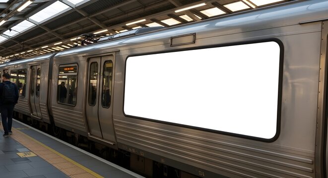 Subway train mockup with blank advertisement board in station