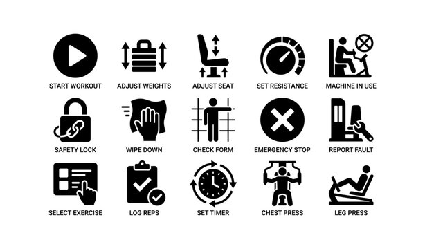 Fitness machine icon set: workout, weights, safety, and exercise controls