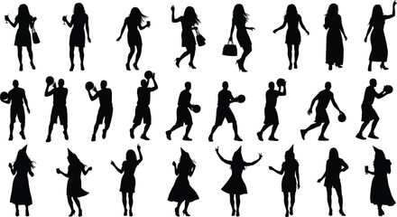 Fototapeta premium Twenty‑four black silhouettes of men and women in diverse activities including fashion poses, basketball actions, and dancing gestures, perfect for design, animation, and creative artwork projects.