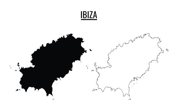 Ibiza island map collection featuring solid black silhouette and simple thin black outline border design