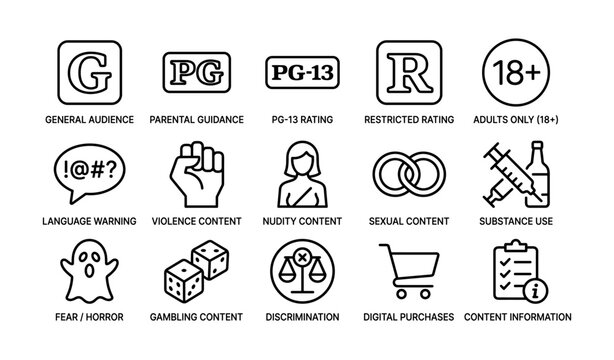 Movie rating symbols with various content warnings and age restrictions
