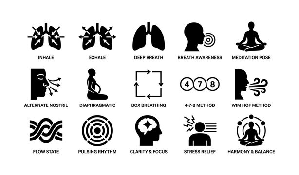 Breathing techniques and meditation icons for stress relief and mindfulness