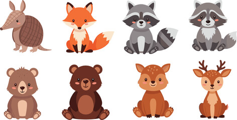 Fototapeta premium Cute Forest Animals Cartoon Character Set with Fox, Raccoon, Bear, Deer, and Armadillo Wildlife Vector Illustration Collection