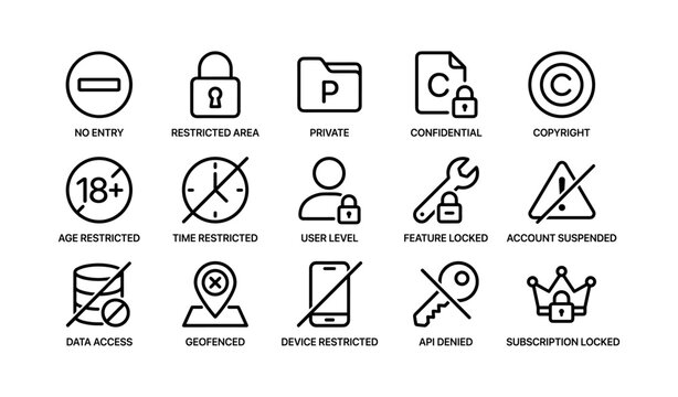 Security and access control icons set depicting privacy and restrictions