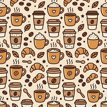 Coffee pattern with cups croissants and beans doodle style