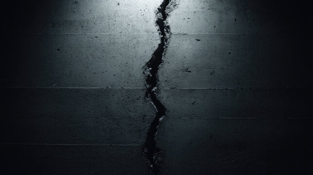 Crack in dark concrete wall symbolizes sciatica nerve pain and back discomfort with dramatic lighting and rough texture creating tense emotional atmosphere