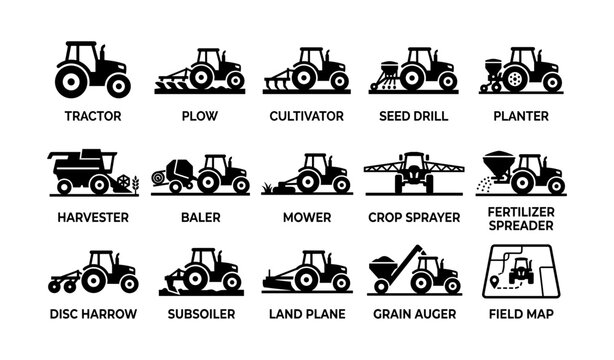 Farm equipment icons: tractor plow cultivator seed drill planter harvester baler