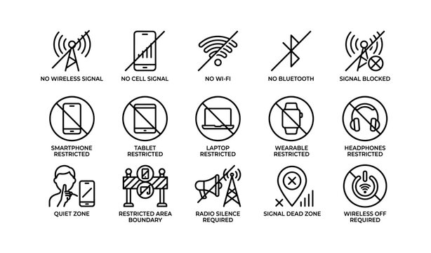 Digital connectivity restriction icons: wireless, bluetooth, signal blocked, quiet zone, dead zone