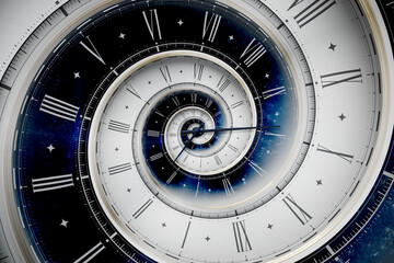 Fototapeta premium Vintage white spiral clock dial with roman numerals in white and blue colors. Concept of Infinite time, deadline, scheduling, time and space, past, present and future.
