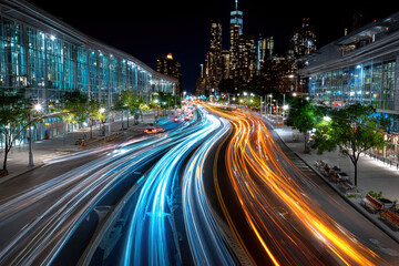 Obraz premium City Street Light Trails at Night with Skyscrapers