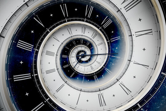 Vintage white spiral clock dial with roman numerals in white and blue colors. Concept of Infinite time, deadline, scheduling, time and space, past, present and future.
