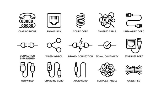 Icon set of phone, ethernet, and cable connections with tangled and untangled cords