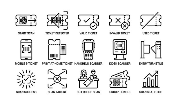 Ticket scanning icons: qr codes, handheld scanners, turnstile entry, mobile e-tickets