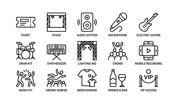 Concert essentials: instruments, stage, audio equipment, and crowd icons set