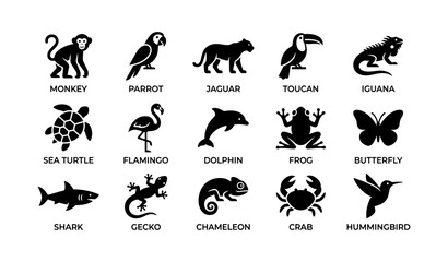 Naklejka premium Silhouette icons of diverse animals: monkey, parrot, jaguar, toucan, iguana, more