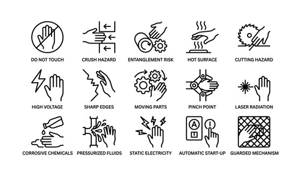 Industrial safety icons: warnings for hazards and precautions in the workplace