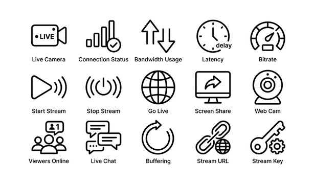Streaming icons set featuring live camera and web cam symbols