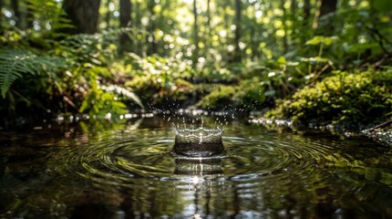 Naklejka premium Forest Stream Droplet Effect Macro Photography Reflecting Sunlight Through Lush Green Foliage And Mossy Banks Tranquil Nature Scene Serene Water Ripples