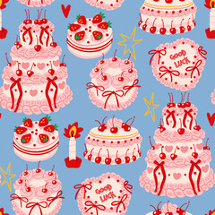 Various delicious Cakes with cherry, cream, strawberry. Sweet tasty food. Hand drawn trendy Vector illustration. Party, wedding, anniversary, celebration, birthday concept. Square seamless Pattern
