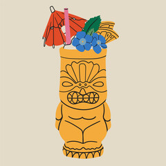 Tiki bar. Summer Cocktail. Fresh drink with fruit, flowers, straw, umbrella. Tribal face, statue shape glass. Hand drawn Vector illustration. Isolated design element. Logo, sticker, print template © Dariia