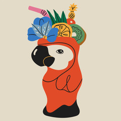 Tiki bar. Summer Cocktail. Refreshing drink with fruit, flowers, straw, leaves. Red parrot shape glass. Hand drawn trendy Vector illustration. Isolated design element. Logo, sticker, print template