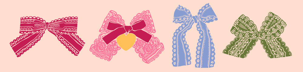 Elegant lace ribbon Bows. Various shapes, ornaments. Hand drawn Vector illustration. Wedding invitation, greeting card, Valentine day, fashion, decoration concept. Isolated design elements