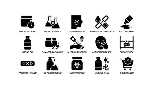 Black icons depicting product issues: contamination to order failures