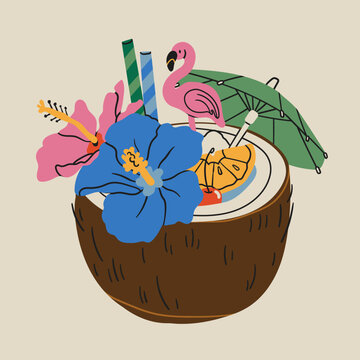 Tiki bar. Summer Cocktail. Refreshing drink with fruit, flowers, straw, umbrella. Coconut shell glass. Hand drawn Vector illustration. Isolated design element. Logo, sticker, print template