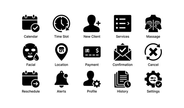 Business service icons: calendar, massage, payment, settings, profile