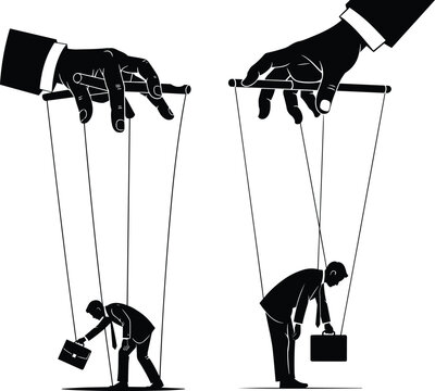 Black silhouette illustration of large hands controlling people like puppets, corporate manipulation artwork symbolizing authority, power, control, and lack of freedom