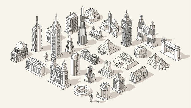 Detailed collection of world famous landmarks and architectural buildings from different countries in a clean isometric line art style.